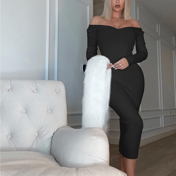 - 💕 BLACK Women's Sexy Long Sleeve Off Shoulder Knit Bodycon Long Dress *NEW* - Picture 4 of 4